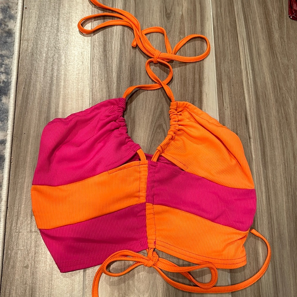 Pink and Orange Drawstring Backless Halter Crop Top